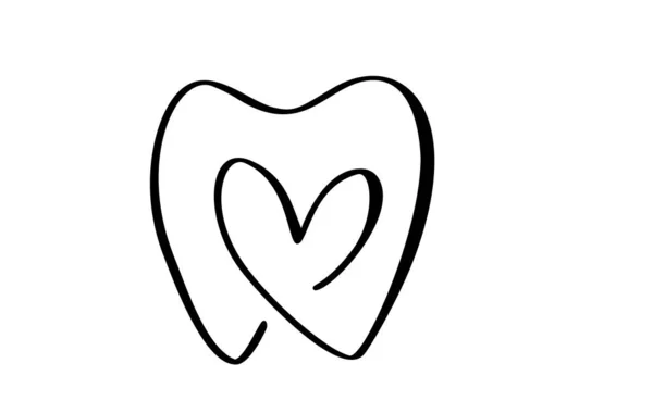 Calligraphic Line Vector Tooth Heart Icon Dentistry Symbol Medical Sign — Stock Vector