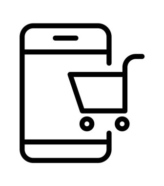 Mobil alışveriş vektör simgesi. Mobile 'de online alışverişler. Beyaz arkaplanda izole edilmiş bir sembol satın al. e-ticaret web teknolojisi.