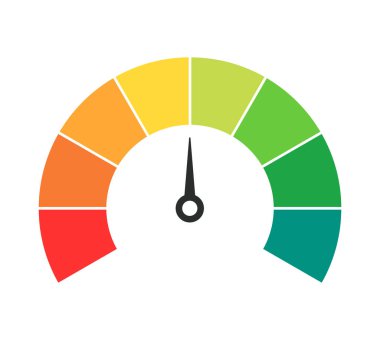 Vector speedometer meter with arrow for dashboard with green, yellow, red indicators. Gauge of tachometer. Low, medium, high and risk levels. Bitcoin fear and greed index cryptocurrency.