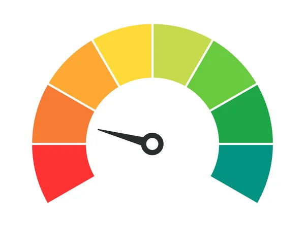 stock vector Vector speedometer meter with arrow for dashboard with green, yellow, red indicators. Gauge of tachometer. Low, medium, high and risk levels. Bitcoin fear and greed index cryptocurrency.