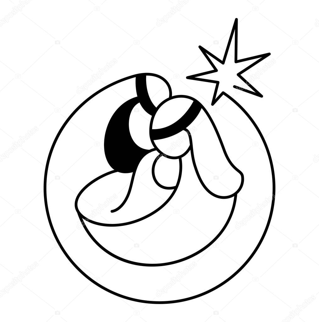 Christmas Vector Christian icon religious Nativity Scene of baby Jesus with Mary and Joseph. Logo illustration sketch. Doodle hand drawn with black lines isolated on white background.