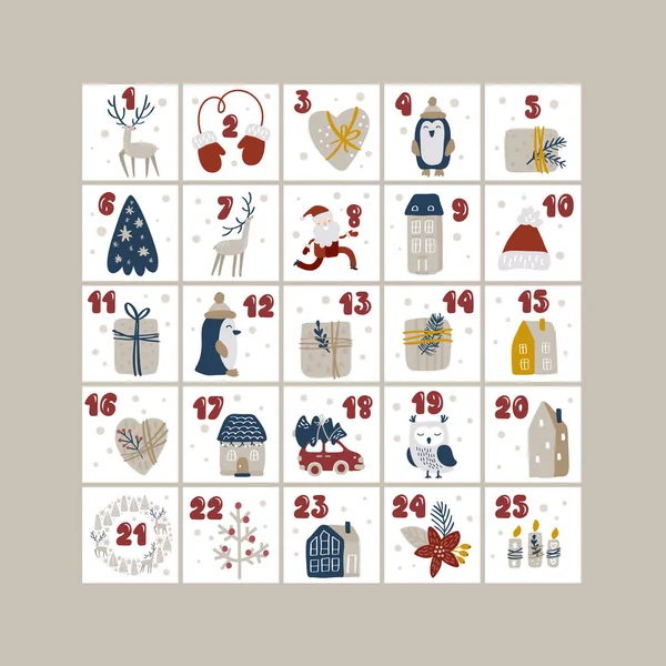 Calendrier Avent Noël Vectoriel Avec Éléments Design Dessinés Main Printables — Image vectorielle