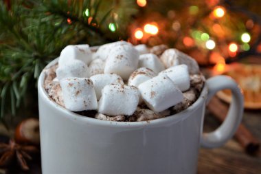 Bir fincan sıcak çikolata ya da marşmelovlu kakao. Sıcak kış tatili ve Noel