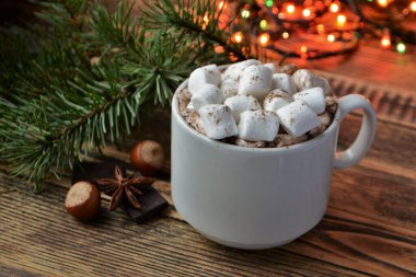 Bir fincan sıcak çikolata ya da marşmelovlu kakao. Sıcak kış tatili ve Noel