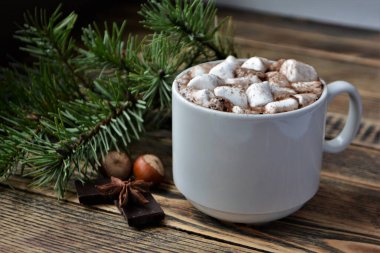 Bir fincan sıcak çikolata ya da marşmelovlu kakao. Sıcak kış tatili ve Noel