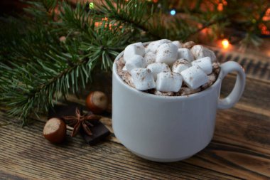 Bir fincan sıcak çikolata ya da marşmelovlu kakao. Sıcak kış tatili ve Noel