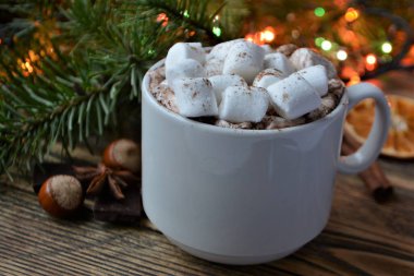 Bir fincan sıcak çikolata ya da marşmelovlu kakao. Sıcak kış tatili ve Noel