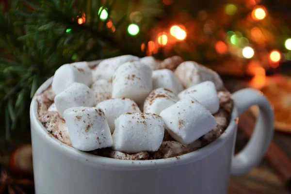 Tasse Heiße Schokolade Oder Kakao Mit Marshmallows Gemütliche Winterferien Und — Stockfoto