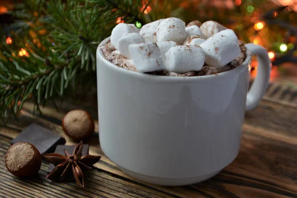 Copa Chocolate Caliente Cacao Con Malvaviscos Acogedoras Vacaciones Invierno Navidad — Foto de Stock