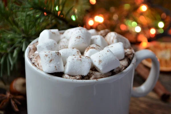 Tasse Heiße Schokolade Oder Kakao Mit Marshmallows Gemütliche Winterferien Und — Stockfoto