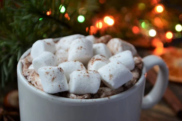 Tasse Heiße Schokolade Oder Kakao Mit Marshmallows Gemütliche Winterferien Und — Stockfoto