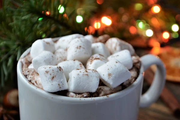 Tasse Heiße Schokolade Oder Kakao Mit Marshmallows Gemütliche Winterferien Und — Stockfoto