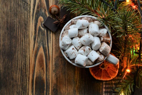 Tasse Heiße Schokolade Oder Kakao Mit Marshmallows Gemütliche Winterferien Und — Stockfoto