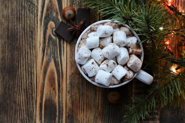 Tasse Heiße Schokolade Oder Kakao Mit Marshmallows Gemütliche Winterferien Und — Stockfoto