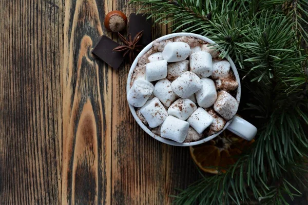Copa Chocolate Caliente Cacao Con Malvaviscos Acogedoras Vacaciones Invierno Navidad — Foto de Stock