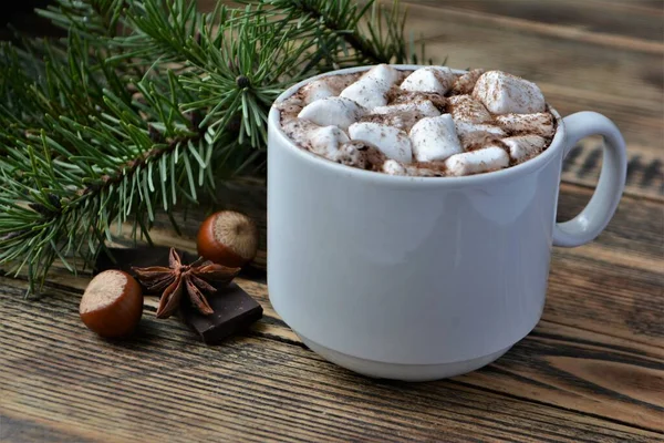 Tasse Heiße Schokolade Oder Kakao Mit Marshmallows Gemütliche Winterferien Und — Stockfoto