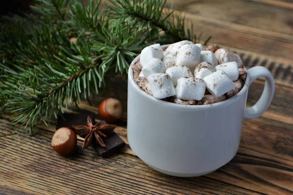 Tasse Heiße Schokolade Oder Kakao Mit Marshmallows Gemütliche Winterferien Und — Stockfoto