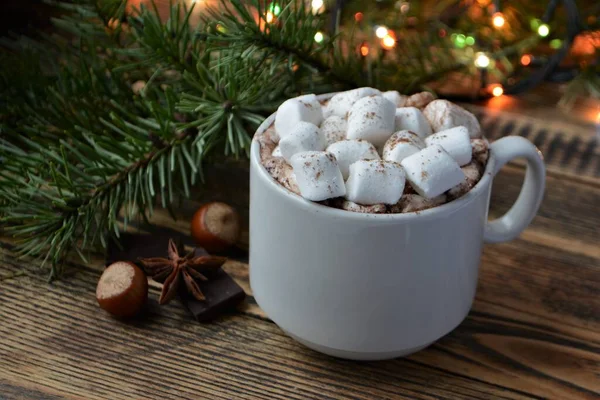 Tasse Heiße Schokolade Oder Kakao Mit Marshmallows Gemütliche Winterferien Und — Stockfoto