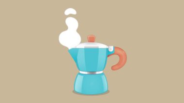 2D animasyon İtalyan açık mavi kahve makinası kahverengi arka planda.