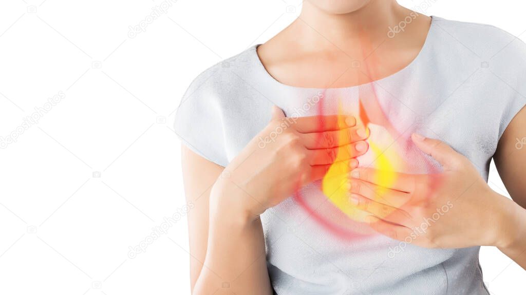 Woman Suffering From Acid Reflux Or Heartburn-Isolated On White Background