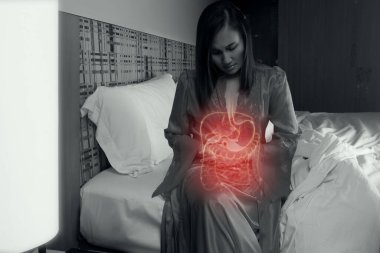 Kadının vücudunda iç organların görüntüsü var. Business Woman, mide ağrısına dokunuyor. İnsan vücudunun iç organları.