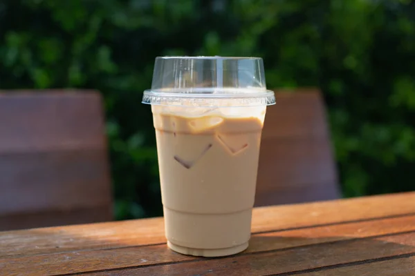 Iced Coffee Plastic Mug Wooden Table Garden — Stock Photo, Image