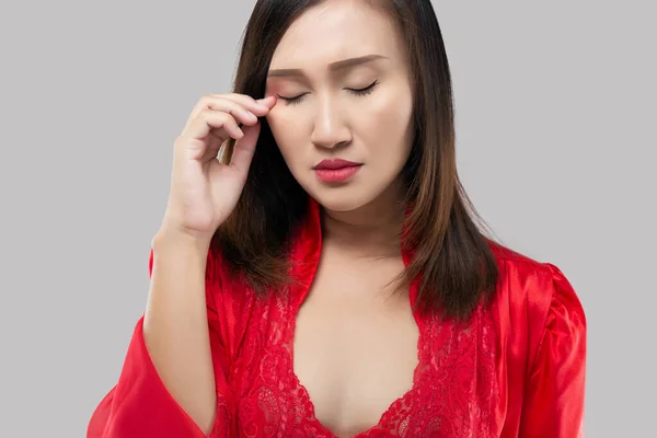 Aziatische Vrouwen Hebben Wrijving Het Oog Heb Jeuk Het Oog — Stockfoto