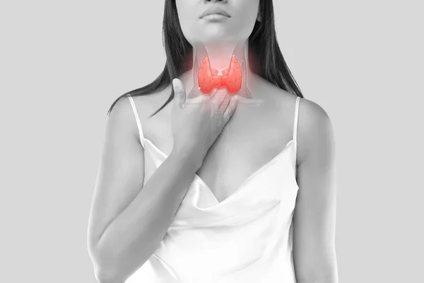 甲状腺的图解是在妇女的身体上的灰色背景 人体的内部器官 — 图库照片