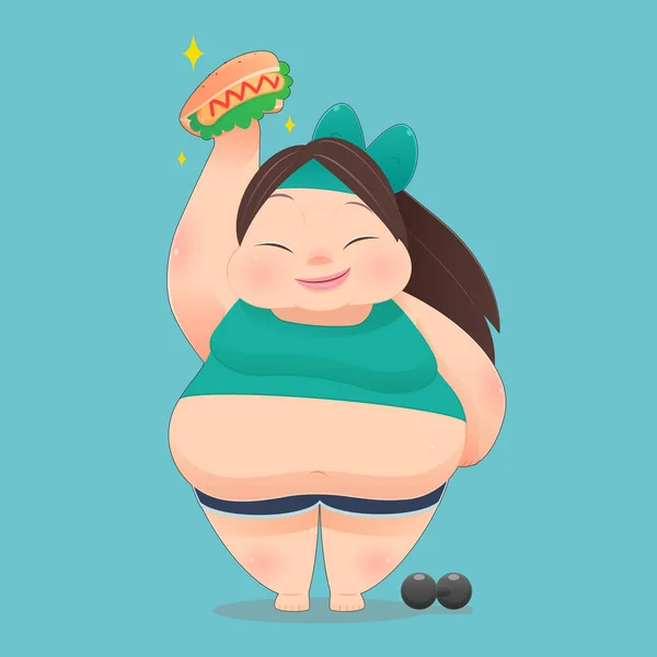 Fat Girl Likes Eat Fastfood Don Exercising — Vetor de Stock