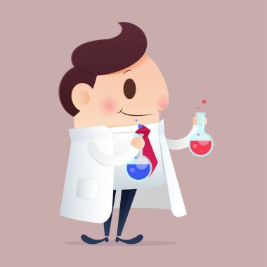 Test tüpü ve bilimsel deneyleri olan çizgi film bilim adamı. Vektör İllüstrasyonu 10 EPS