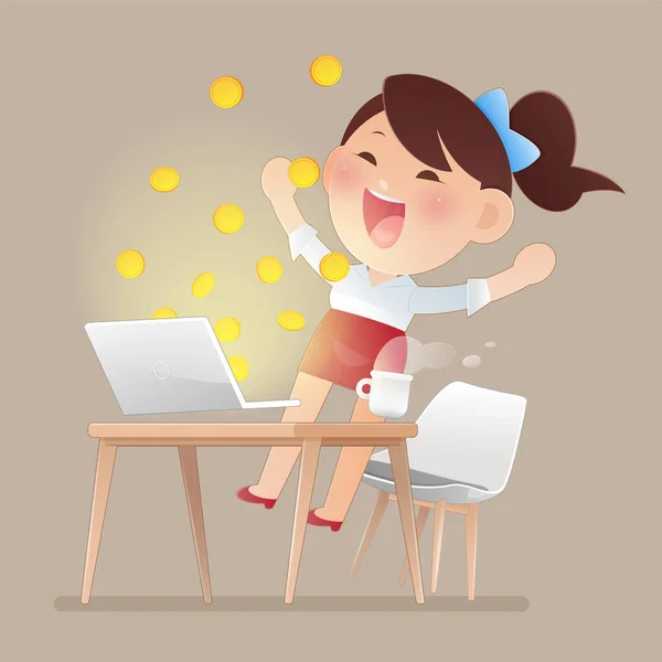 Successful Girl Investor Using Laptop Building Online Business Making Money — Stock Vector