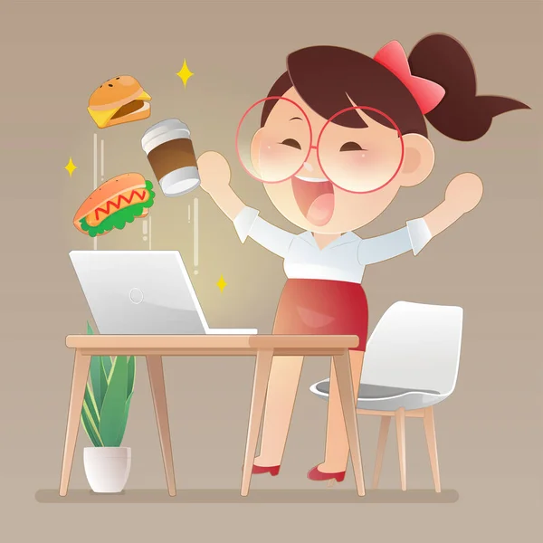 Rajzfilm Hamburger Kávé Hot Dog Repül Laptop Képernyőn Rendelj Ételt — Stock Vector