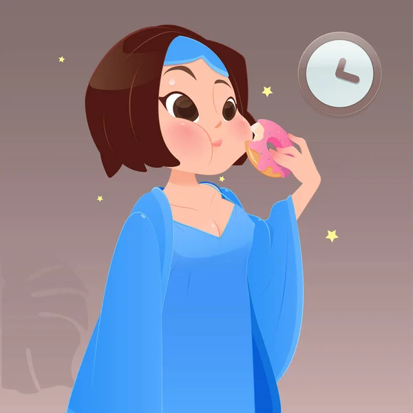 Illustratie Vrouw Blauwe Nachtjapon Donut Eten Keuken Met Venster Nachts — Stockvector