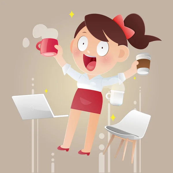 Woman Energetic Because She Drinks Coffee Illustration Vector Design — Stock Vector