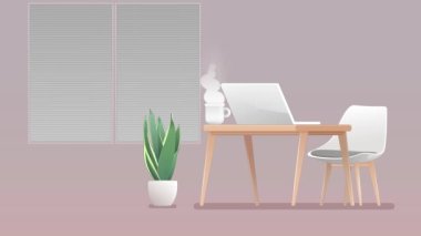 Minimalist ofiste sıcak kahve, 2D animasyon tarzı.