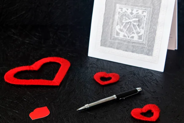 Coeurs Rouges Février Saint Valentin Sur Fond Noir Carte Voeux — Photo