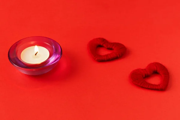 Hearts Candle Red Background Valentine Day Valentines Day Greeting Card Stock Photo