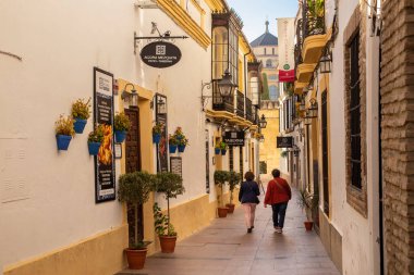 Cordoba, Endülüs, İspanya - 5 Kasım 2021: Eski kasabada balkon, tabela ve fenerli evlerin olduğu dar bir kaldırım taşı caddesi manzarası