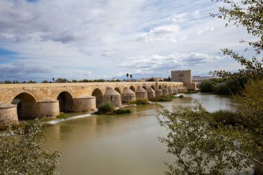 Roma Köprüsü manzarası, Guadalquivir nehri boyunca uzanan taş bir köprü..