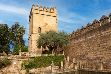 Cordoba, Endülüs, İspanya - 3 Kasım 2021: Alcazar de los Reyes Cristianos bahçeleri. Taş bir duvar ve meyve ağaçları ve çiçeklerle çevrili bir kule..