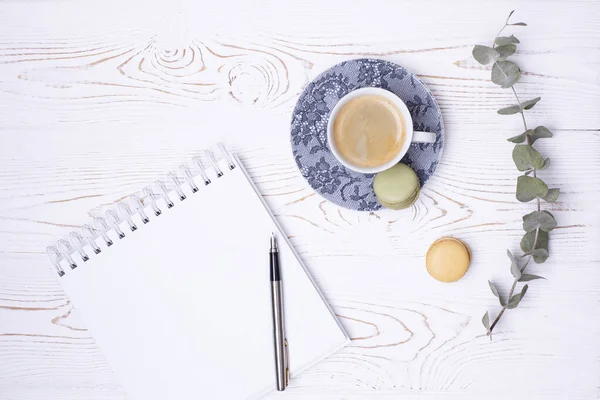 Blank Diary Composition Your Text Fountain Pen Cup Coffee Macaroons — стоковое фото