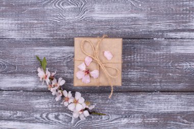 İlkbahar kompozisyon hediyesi ortada, el işi kağıdına sarılı, bahar çiçekli badem dalı gri beyaz yıkanmış bir kır ağacından masa üzerinde çiçekler. Düz yat, boşluğu kopyala.