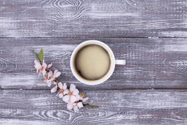 Вид сверху на весеннюю композицию чашки кофе в центре, весенне цветущую миндальную ветвь с цветами на белом ржавом деревянном столе. Квартира, копировальное пространство — стоковое фото