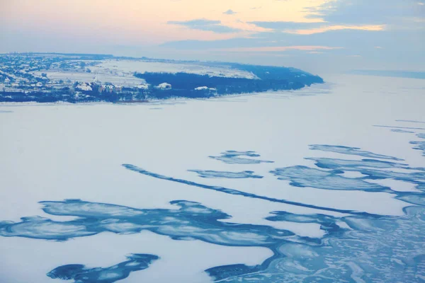 Frozen Lake Evening Polar Village Winter Scenery — Foto Stock