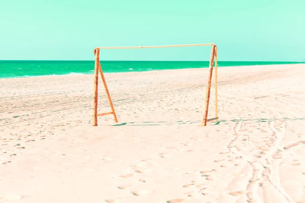 Puerta Fútbol Madera Playa Estadio Fútbol Junto Mar — Foto de Stock