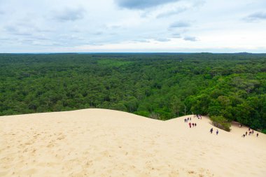 Fransa 'daki Duna Pilat Arcachon' da turistler. Yeşil Orman ve Sandy Duna manzarası. La Teste-de-Buch