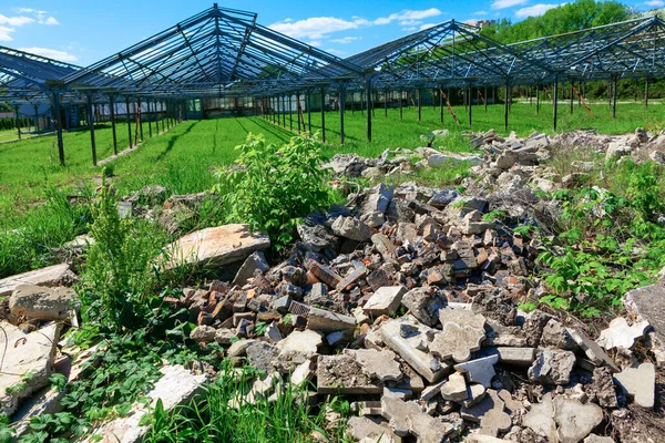 Serres Abandonnées Pile Briques Cassées — Photo