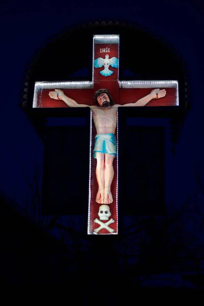 Jesus Night Statue Jesus Christ Crucifixion Wooden Religious Cross — стоковое фото