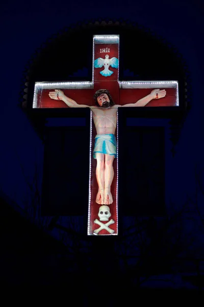 Jesus Night Statue Jesus Christ Crucifixion Wooden Religious Cross — ストック写真