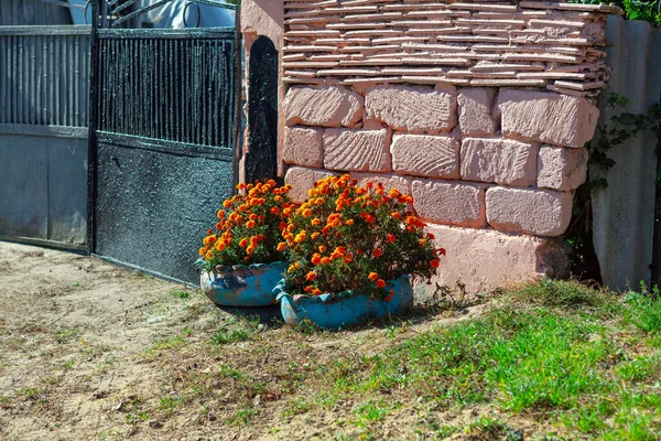 乡村大门和砖墙 村里的花坛装饰品 — 图库照片